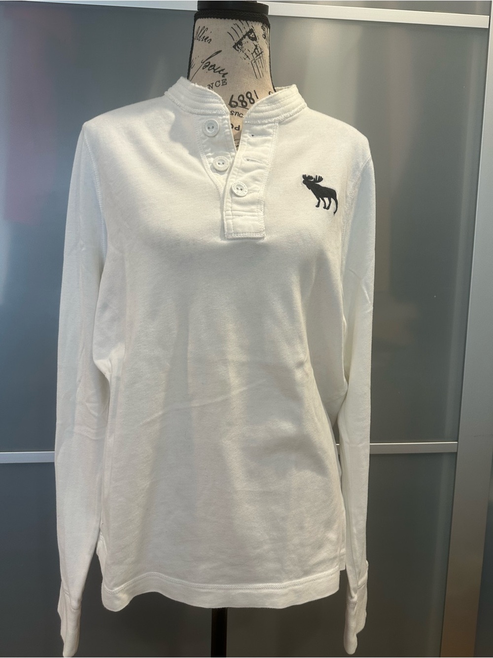 Abercrombie & Fitch White Long-Sleeve Henley with Black Moose Logo